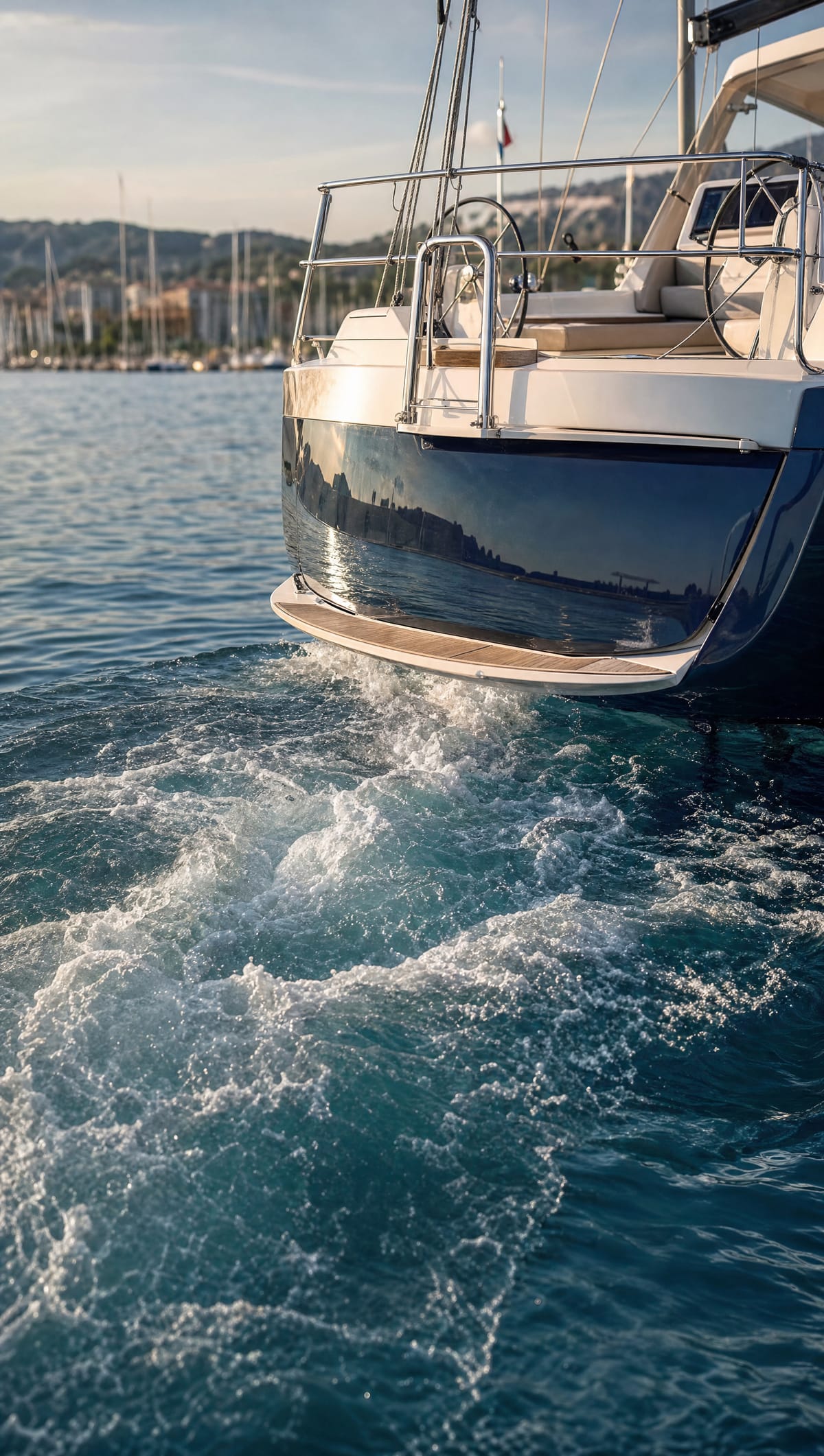 Poppa di una barca a vela in manovra, con l'acqua che ribolle per la spinta